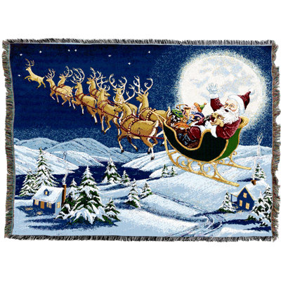 Couverture magique de Noël Pure Country Weavers - Père Noël, Saint Nicolas, traîneau et rennes - Tapisserie tissée en coton - Fabriquée aux États-Unis (72 x 54)