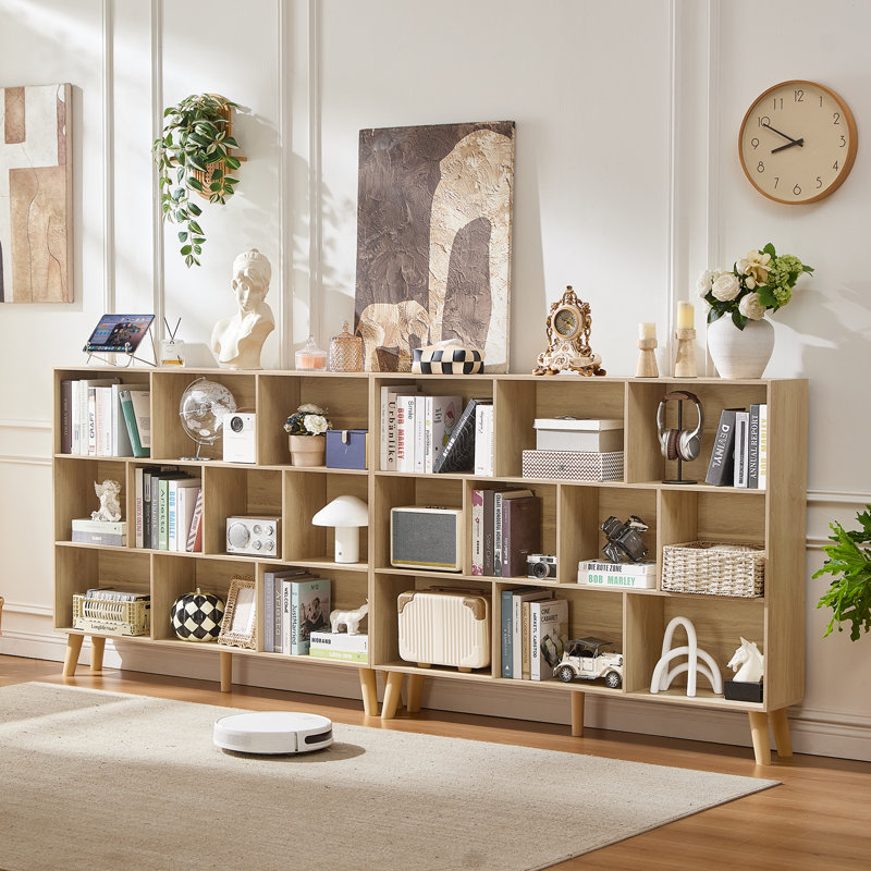 10 Cube Bookshelf,3 Tier Modern Wide Bookcase With Legs,Mid-Century Wood Bookshelves Storage，Retro Large Book Case,Freestanding Organizer Display Shelf For Bedroom,Living Room,Office