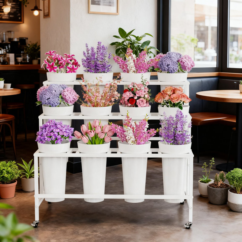Présentoir à fleurs en métal à 3 niveaux avec 12 seaux amovibles, chariot à plante robuste à roulettes pour roues