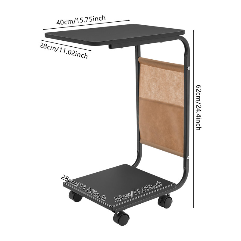 C Shaped Side Table  W/ Brake Caster, Black, Black