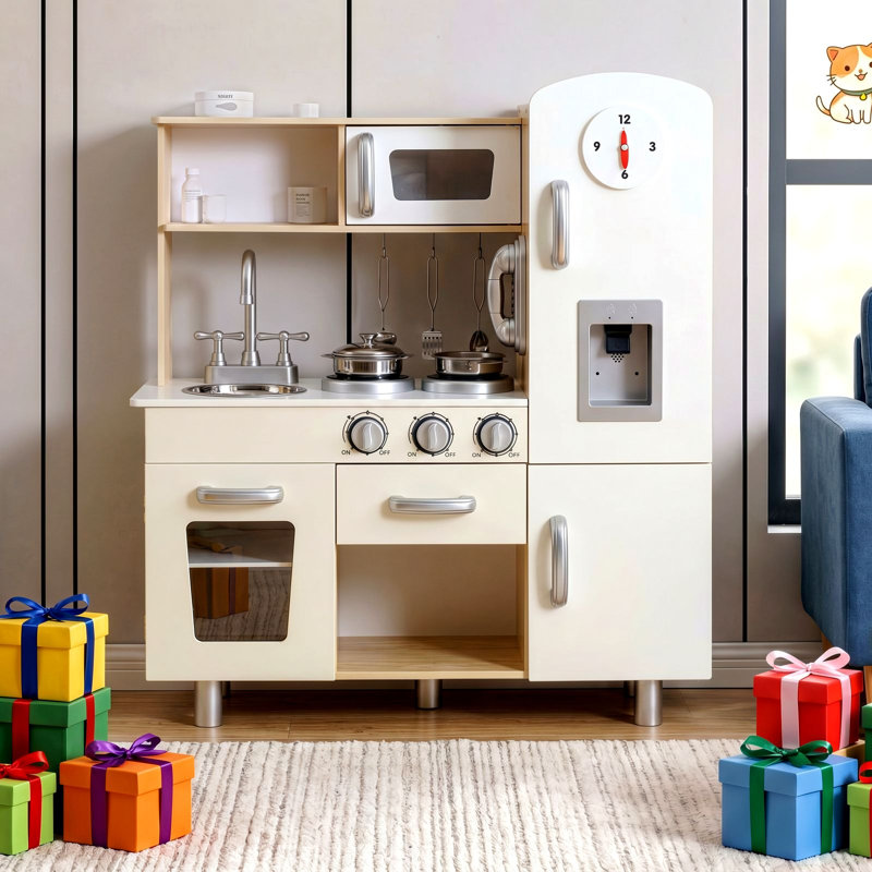 Role Play Wooden Kitchen Set for Kids, Modern Pretend Play Kitchen with Realistic Sounds & Storage, Complete Chef Toy for Toddlers & Preschoolers, Perfect Christmas Birthday Gift