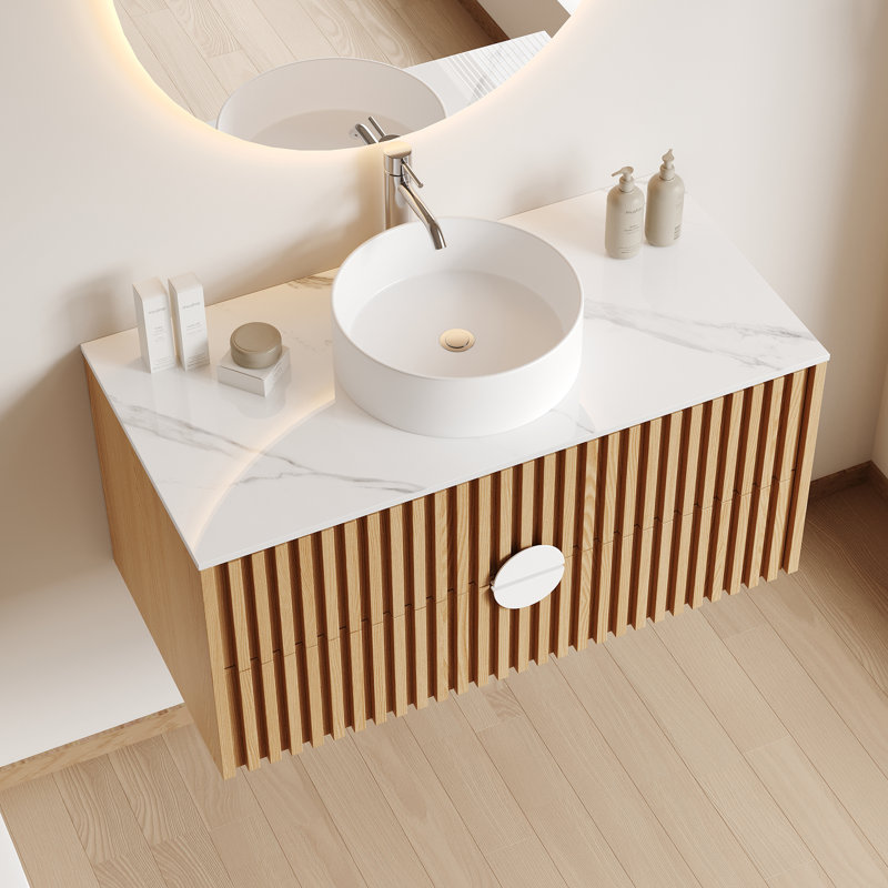 Ensemble de meuble-lavabo simple en bois massif 36 po avec plateau en pierre frittée et deux tiroirs 36 po