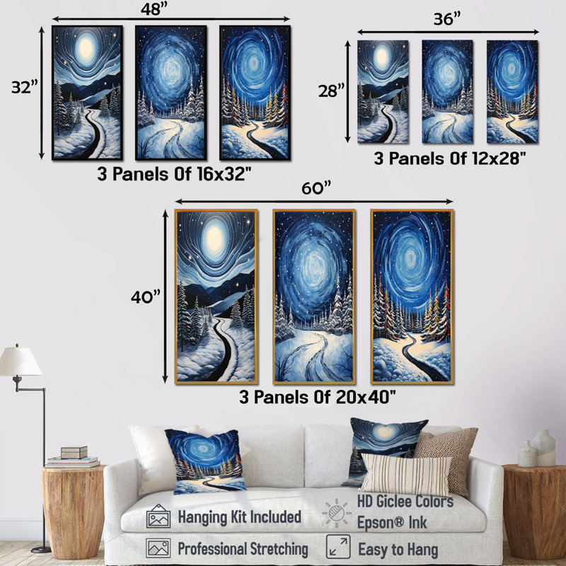 Ensemble de 3 décorations murales Frosty Pathway Road Into Winter Embrace I - Road, Cadre flottant brun, H 40 po x l 60 po