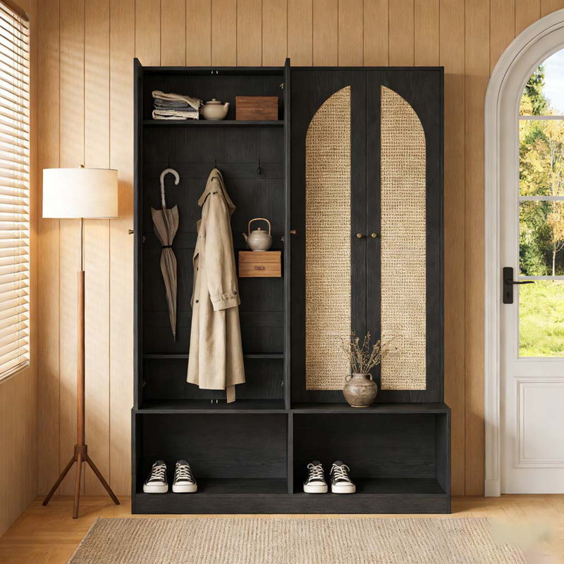 Hall Tree with 4 Rattan Doors, Versatile 4-In-1 Seating Bench with 6 Hooks, Black
