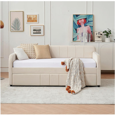 Structure de lit de jour simple rembourré avec lit gigogne, canapé-lit simple pour chambre à coucher, soutien, lattes de bois, beige