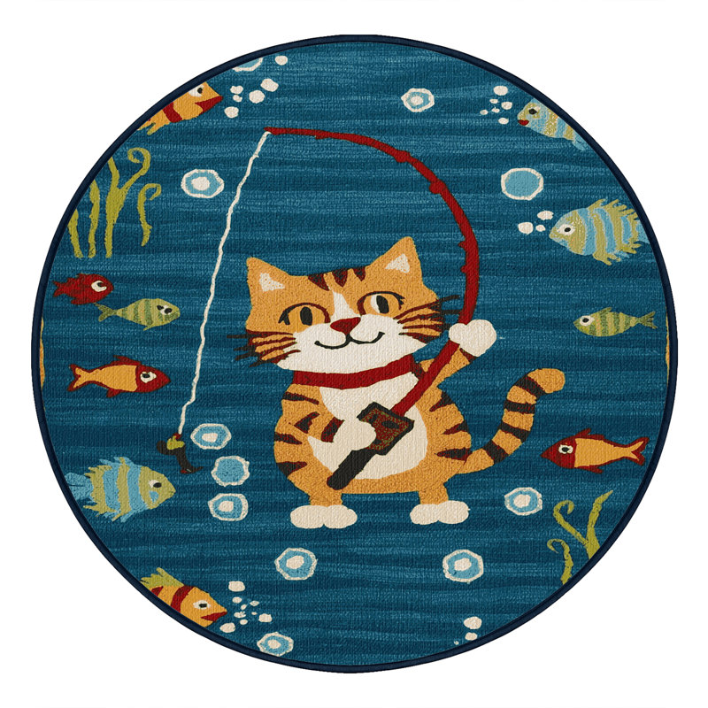  Tapis lavable avec gros chats et chats de pêche, Rond 7 pi
