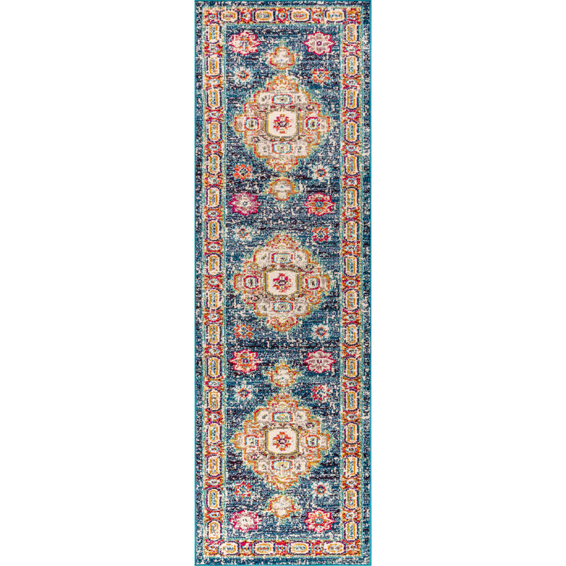 Lathan Bohemian FLAIR Boho Vintage Medallion Navy/Red Rug, Runner 2'3" x 8'