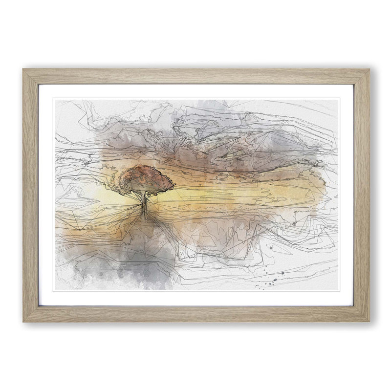 Flying Birds over a Lone Tree in Abstract - Picture Frame Graphic Art Print, 35cm H x 50cm W x 2cm D, Oak