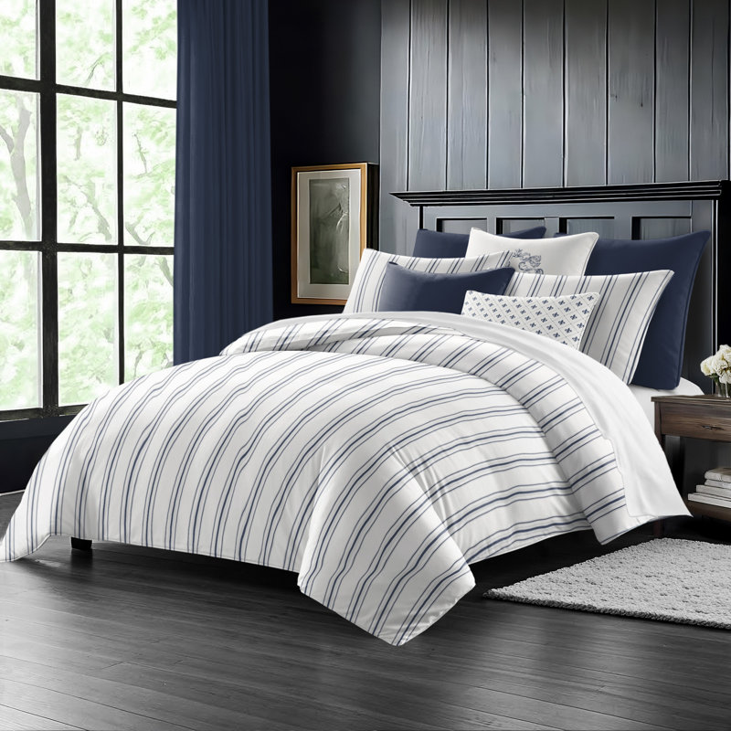 August Stripe Reversible Cotton Duvet Cover Set, Queen Duvet Cover + 2 Queen Shams, Denim
