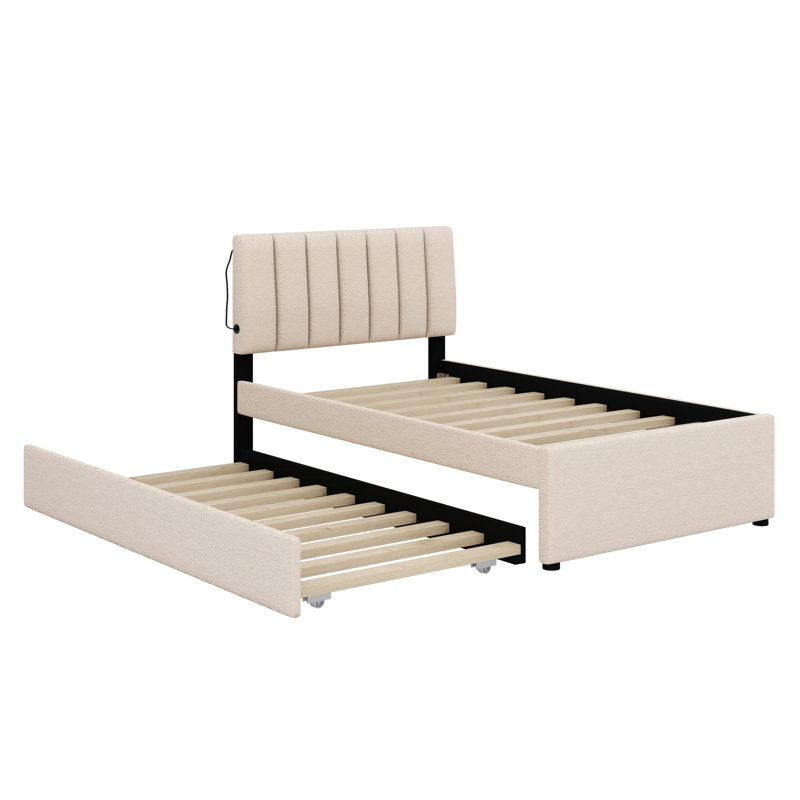 Lit plateforme tapissier avec lit gigogne, Beige