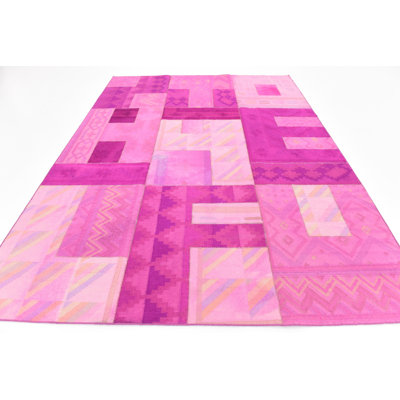 Tapis de zone en laine rose 7 pi 3 po x 10 pi one-of-kind à la main noué la new age Marlborough