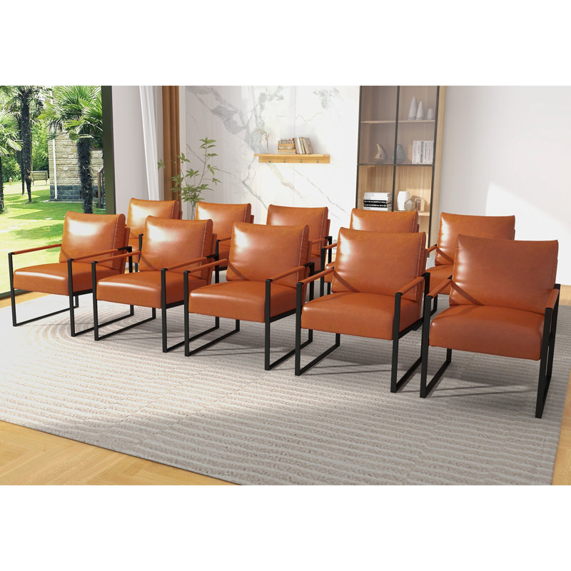 24.6" Wide Minimalist Soft Cushioned Back Upholstered Sled Base Arm Accent Chair (Set of 10), Brown Faux Leather