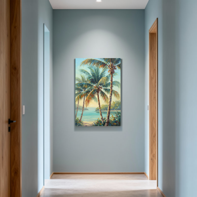 Plantes et fleurs, palmiers tropicaux, scène de plage, coucher de soleil, couleurs, paysage vibrant, H 16 po x l 24 po