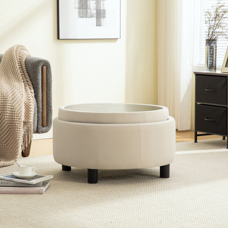 29.33"W Upholstered Round Ottoman, Beige