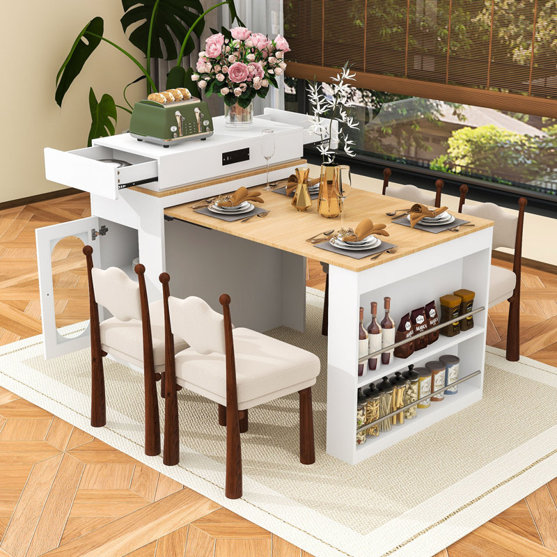 Îlot de cuisine contemporain avec roulettes, ports de charge intégrés et plateau de table pliable Contemporary, Blanc crémeux
