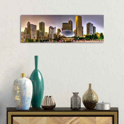 Chicago Skyline Cityscape (Sunset) 1 Piece Wrapped Canvas Panoramic Wall Art