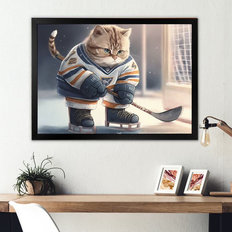 Dessin animé «Hocket Cat on Ice Rink I», impression sur toile, Impression noire sur toile encadrée