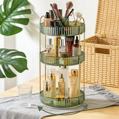 3-Tier 360° Rotating Makeup Organizer - Large Capacity Skincare & Cosmetics Lazy Susan, Premium ABS &  Steel, Raised Guardrail Design