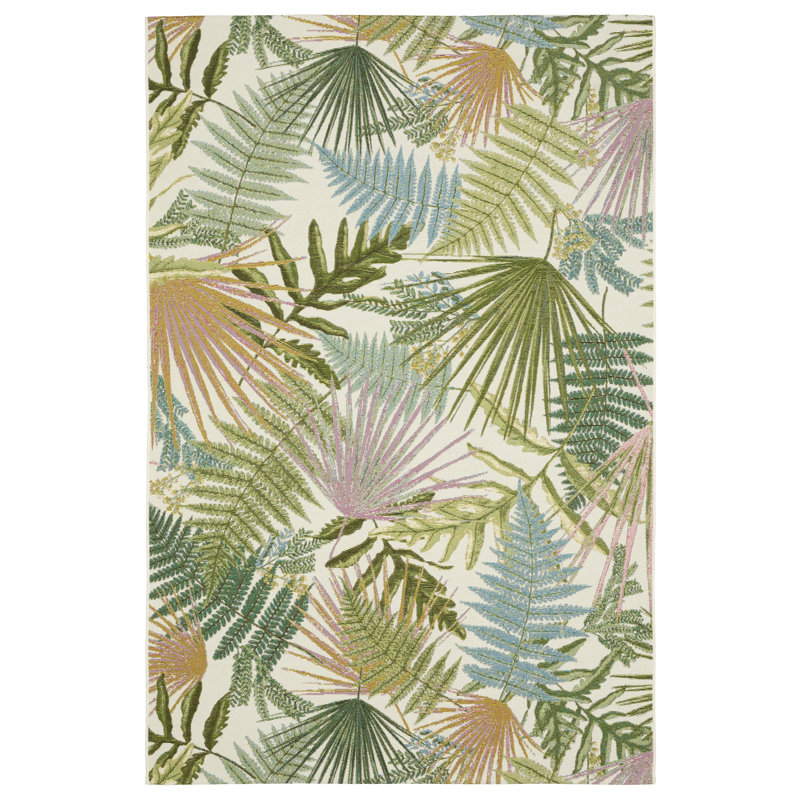 Arjay Layered Tropical Leaves Green/ Ivory Indoor-Outdoor Rug, Rectangle 6'7" x 9'4"