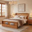 Cadre de lit Queen Size en contreplaqué de pin brun chaud avec tête et pied de lit doubles et rangements-538500224