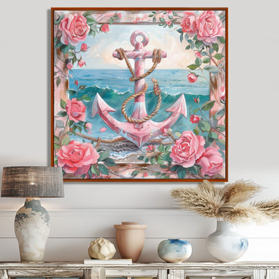 Pink Green Coastal Vintage Anchor Roses IV - Coastal Wall Decor