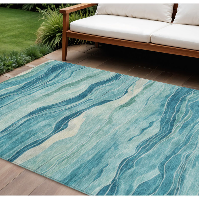 Tapis extérieur lavable rayé turquoise 10 pi x 14 pi