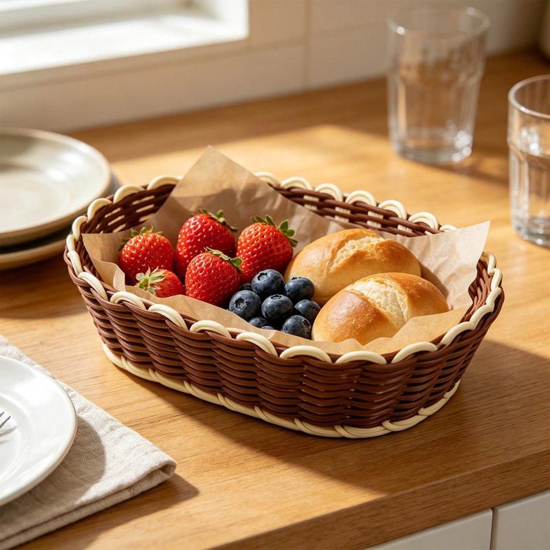 Panier tressé en bois, plateau de rangement style tressé, panier de service imitation tressé, panier à fruits, plateau décoratif aspect tressé