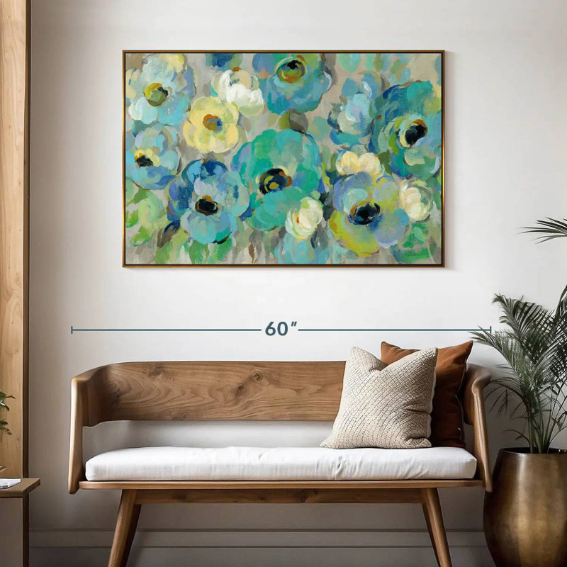 Fleurs bleu sarcelle fraîches I, 46 po x 31 po, Cadre flottant doré