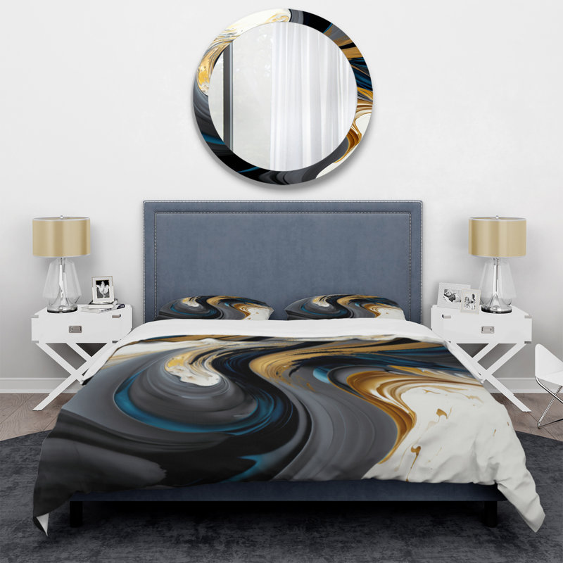 Ensemble de housse de couette en microfibre / polyester liquide noir, blanc et or IV