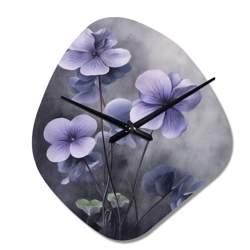 Mauve, gris, violettes, Dream I - horloge florale en métal à forme unique, horloge murale asymétrique traditionnelle, Grand