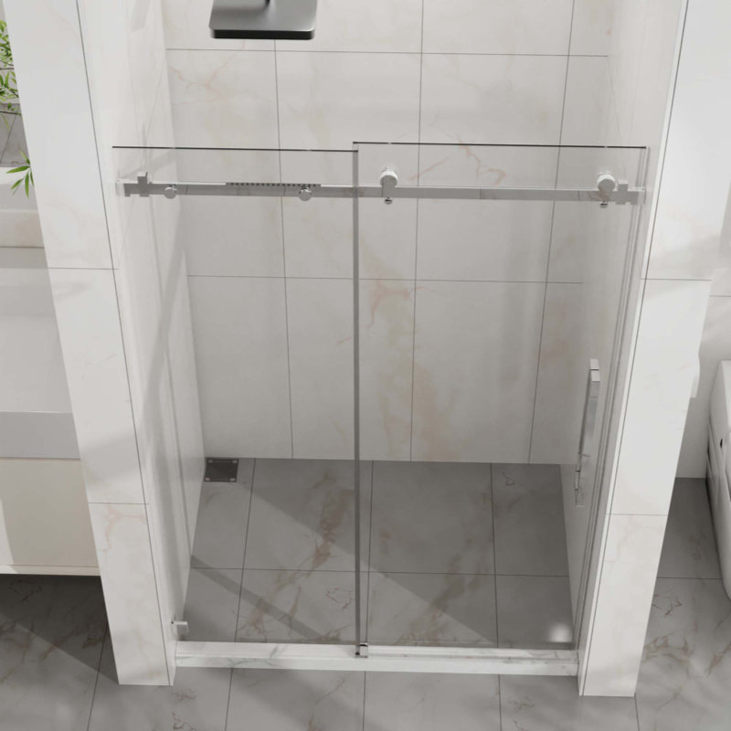 Porte de douche sans cadre, porte coulissante en verre coulissante silencieuse, verre trempé transparent de 1/4 po (6 mm) d'épaisseur avec revêtement facile à nettoyer, acier inoxydable 304 robuste