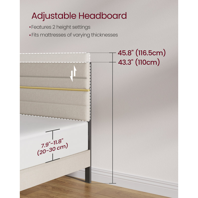 Upholstered Bed Frame with Adjustable Headboard, Beige
