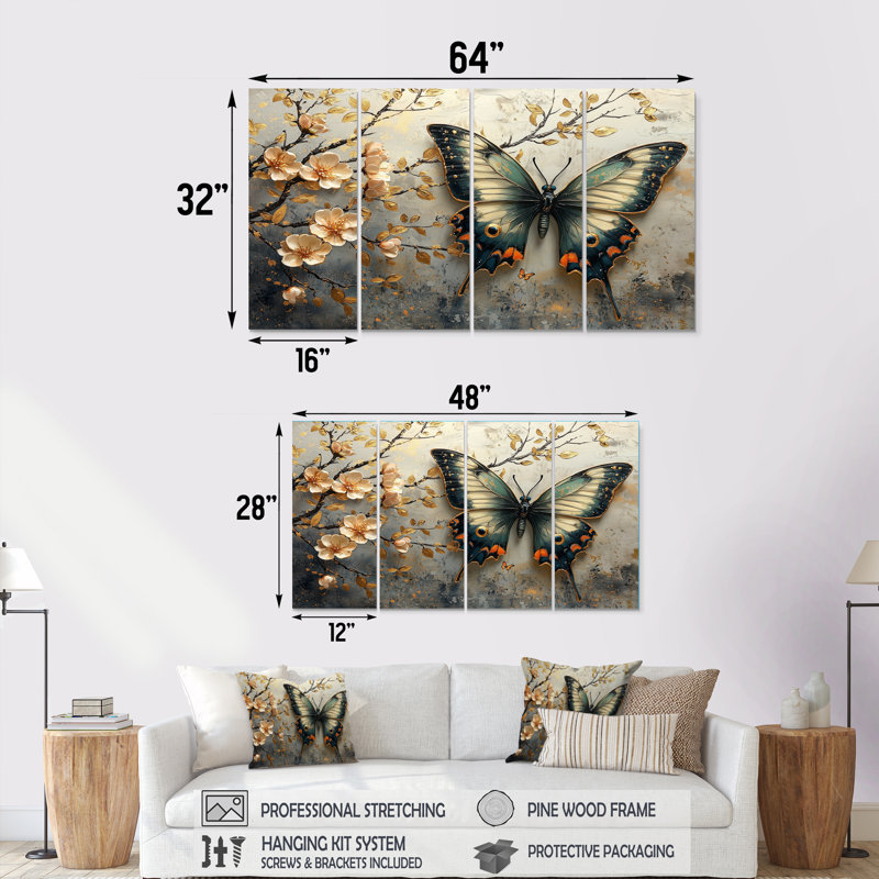 Papillon rétro sur une branche de cerisier en fleurs - ensemble d'art sur toile, H 28 po x l 48 po