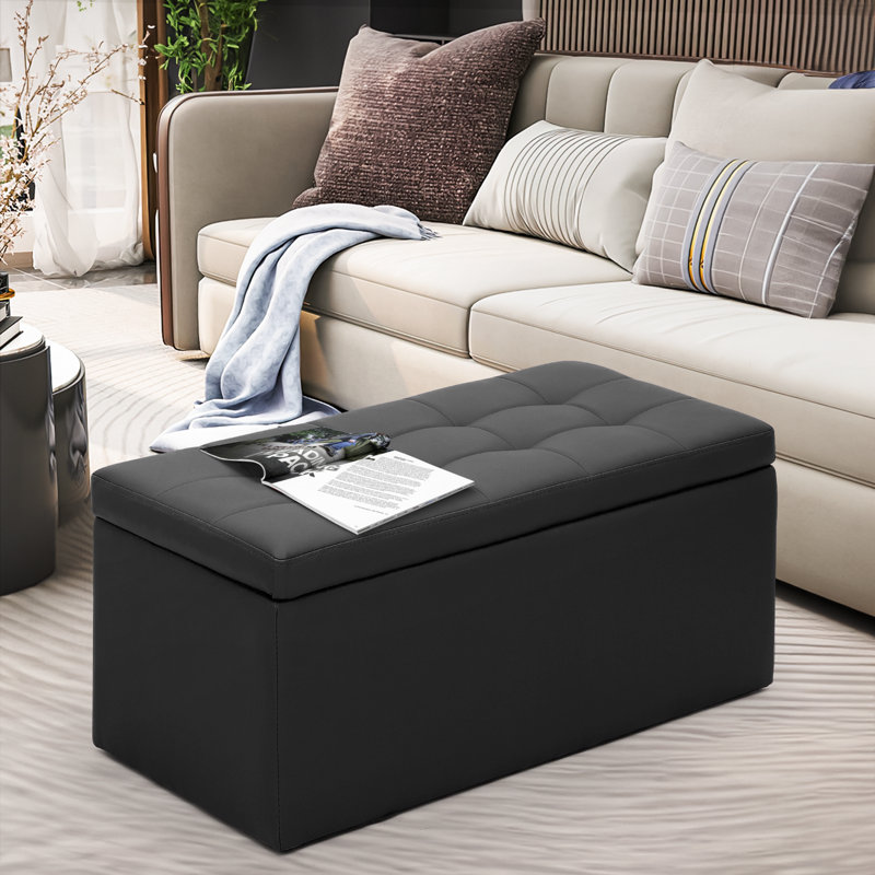 Black PU Leather Button Tufted Storage Ottoman Bench