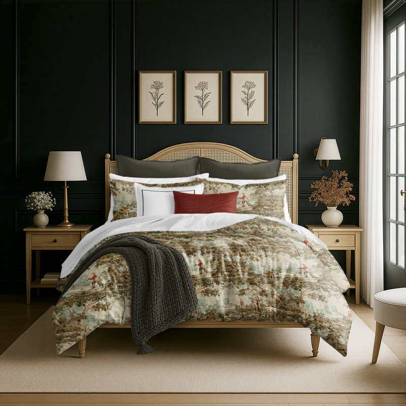 Greenwood Ivory/Red Linen Duvet Cover Set, California King Duvet + 2 King Shams