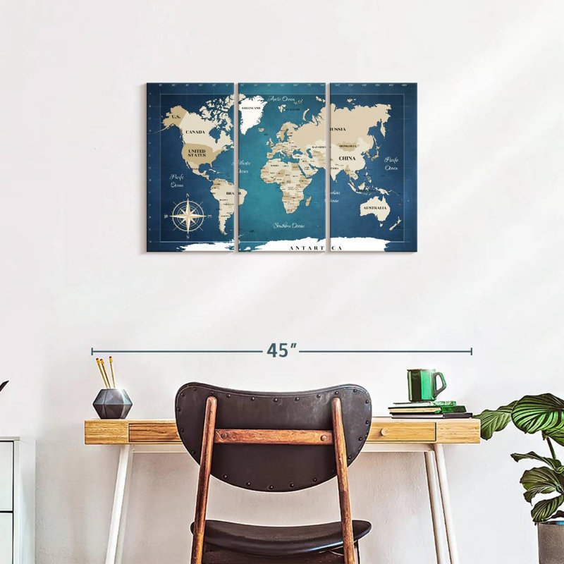 Carte du monde cobalt 3 pièces, H 20 po x l 33 po x P 1,25 po