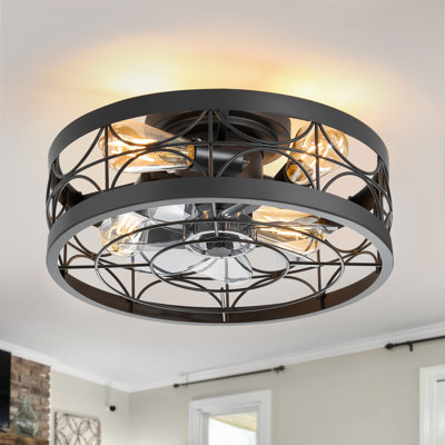 Haajirah 17" 7-Blade Indoor Enclosed Caged Black Flush Mount Ceiling Fan with the Remote Control