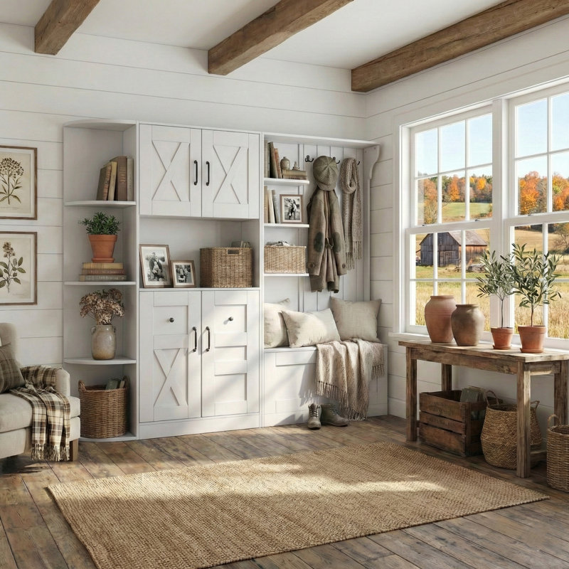 75"W Modular Hall Tree & Entryway Storage Cabinet With Seating Bench & 4 Hooks For Living Room And Hallway, White