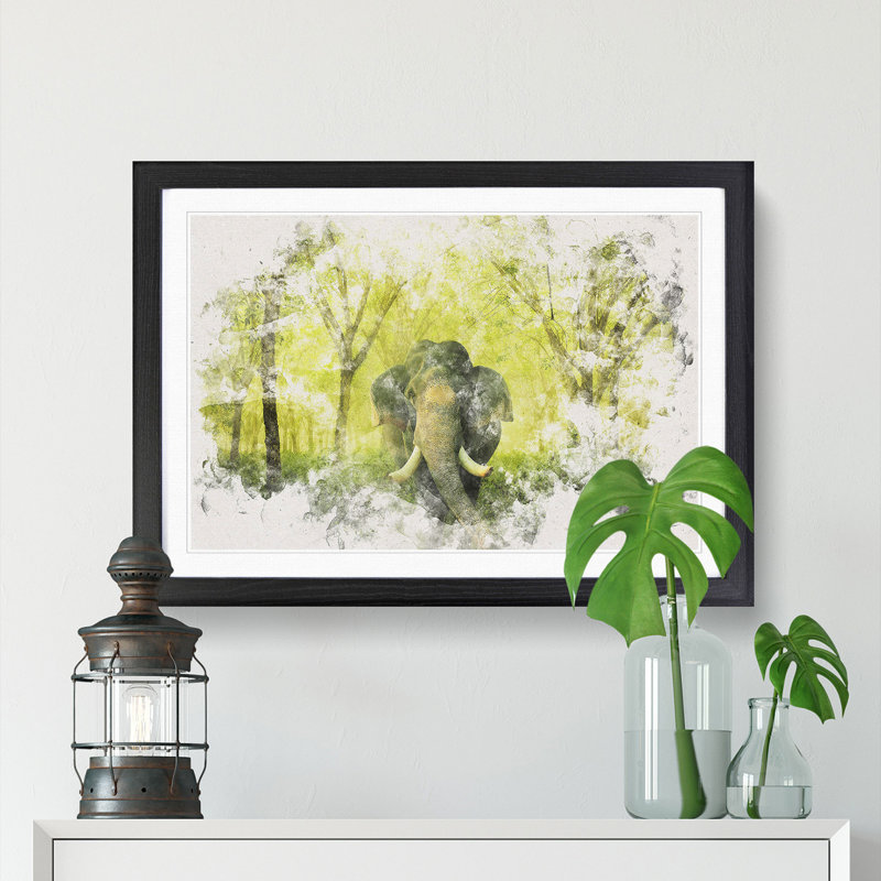 Marvellous Elephant in a Green Forest - Picture Frame Painting Print, Black Framed, 24cm H x 33cm W x 2cm D