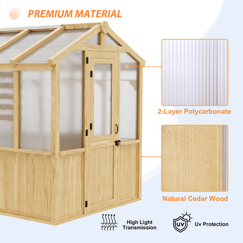 Natural Cedar and Polycarbonate Walk-In Greenhouse with Roof Vent