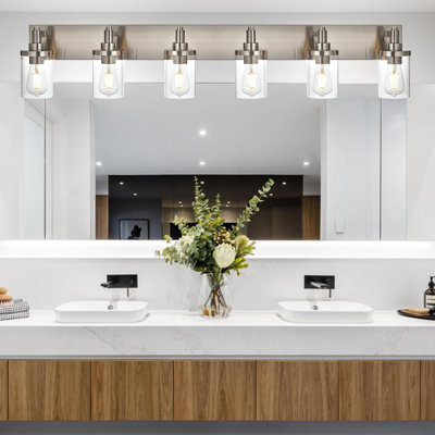 Modern 6-Light Vanity Fixture With Clear Glass Sconces, Brushed Nickel Finish For Bathroom, Bedroom, Kitchen, And Corridor Lighting
