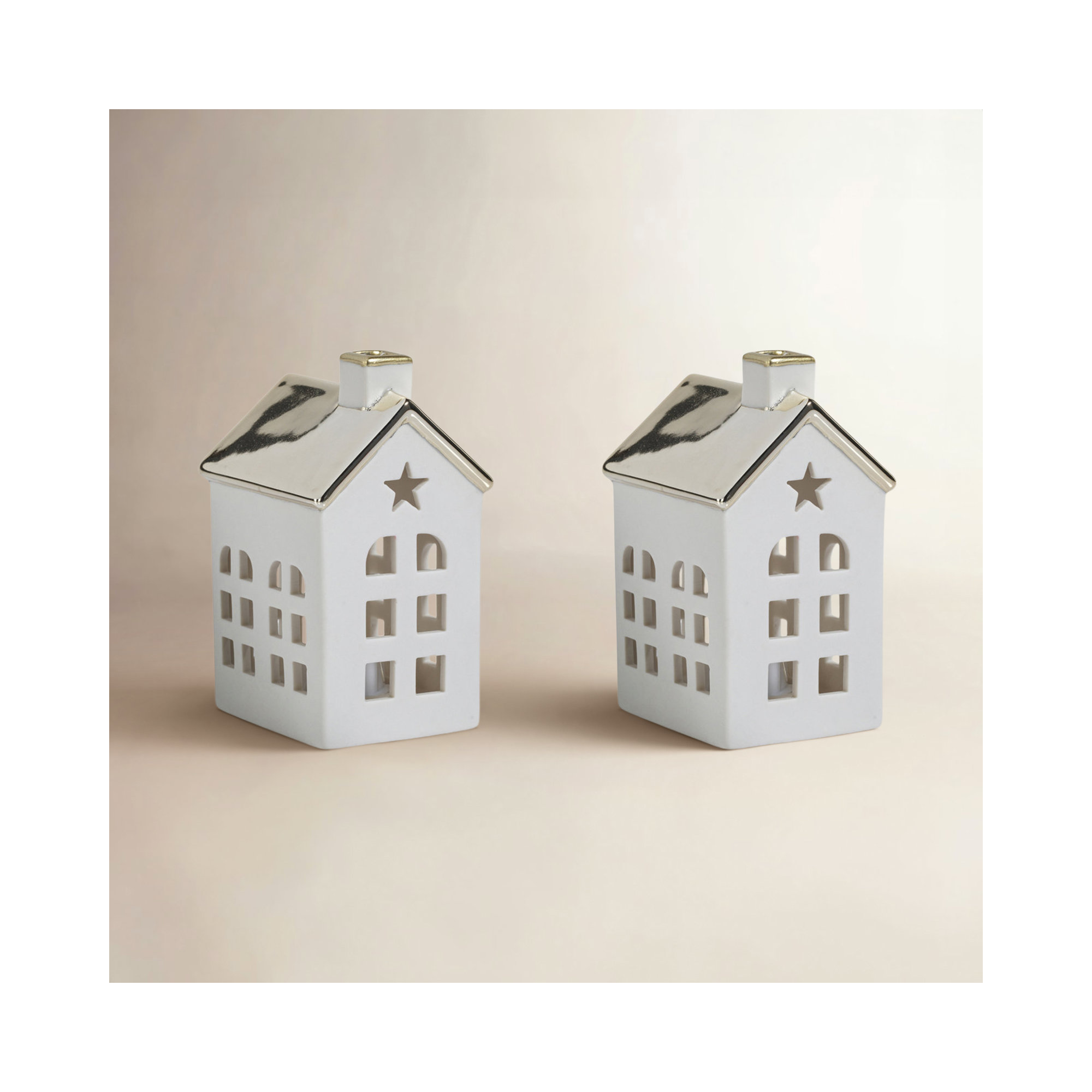 Lilou 2-Piece Set Porcelain LED House with Roof, 4.25" H x 3" W x 2.5" D, Gold/White