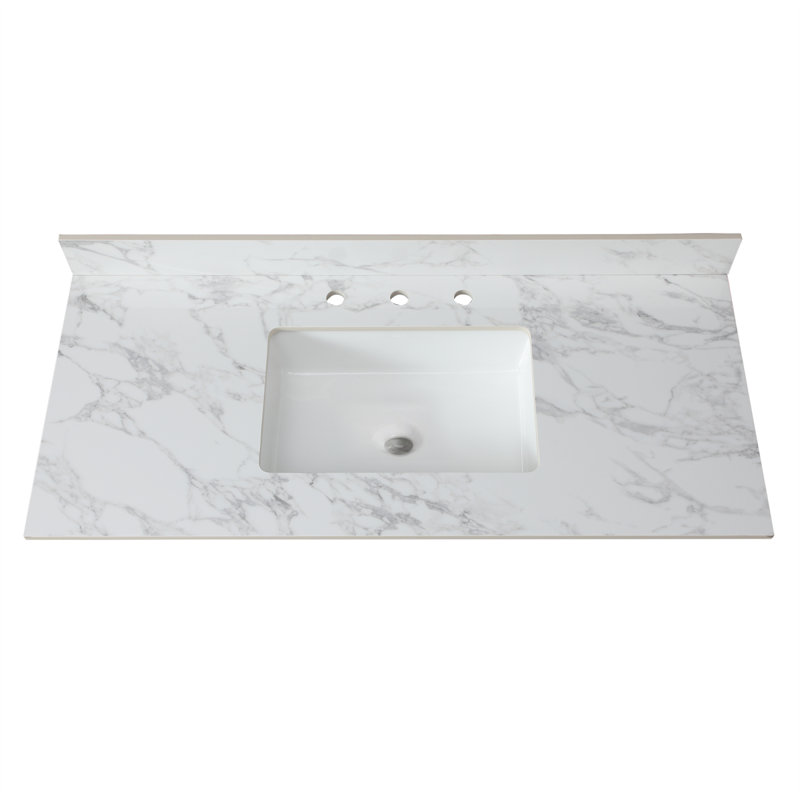 Dessus de meuble-lavabo de salle de bain, dessus de meuble-lavabo en pierre frittée Carra Barthroom avec lavabo rectangulaire encastré en céramique avec dosseret de meuble-lavabo, comptoir de meuble-lavabo