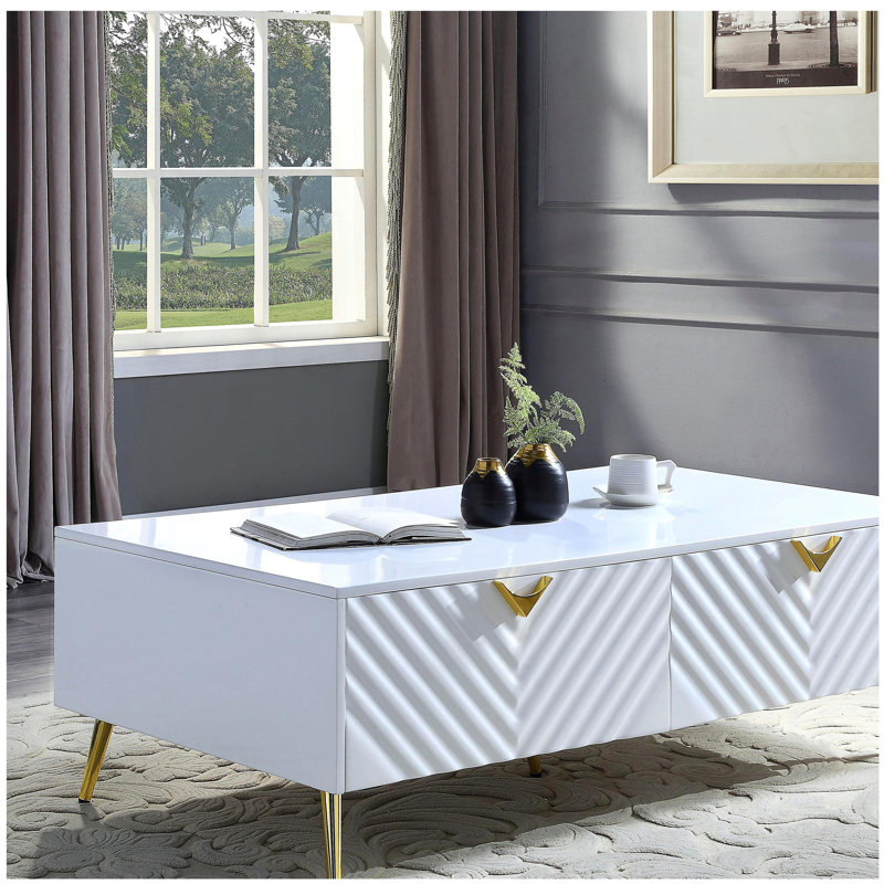 Table basse blanche à 2 tiroirs avec pieds de soutien