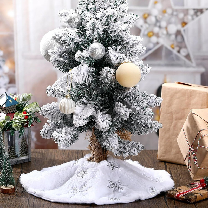 Lot de 3 mini-jupes de sapin de Noël en fausse fourrure blanche – Tapis de base de sapin à paillettes flocons de neige pour la décoration des fêtes