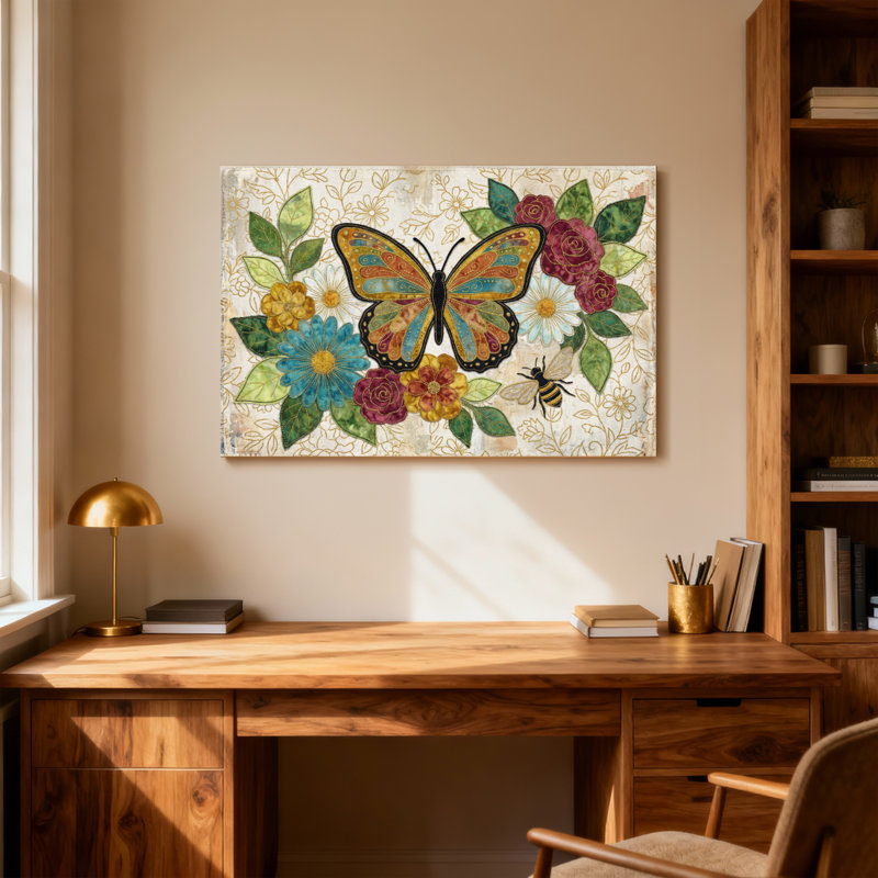 Reproduction d'art sur toile, animaux, papillon, fleurs, feuilles d'abeille, H 16 po x l 24 po