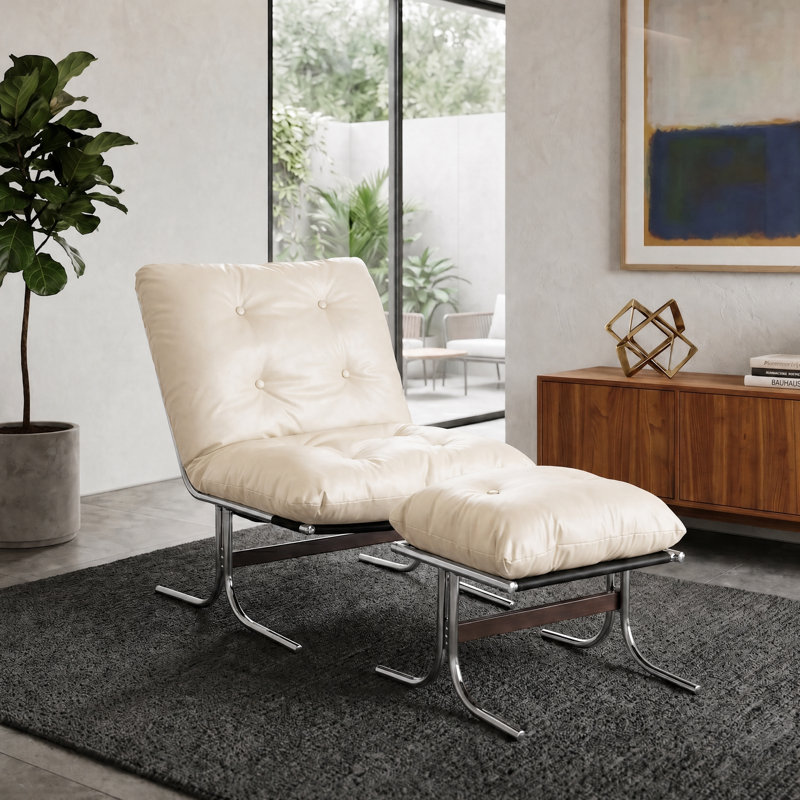 Mid-Century Modern Bauhaus Inspired Leather Lounge Chair With Ottoman Chrome Legs, White