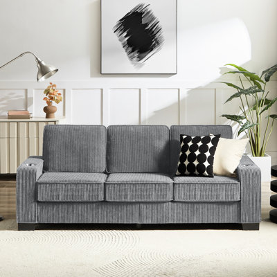 3 Compressed Couch For Living Room - 83.86" With Cup Holders, Corduroy, Bedroom, Office, Black Corduroy Fabric Holders Room,