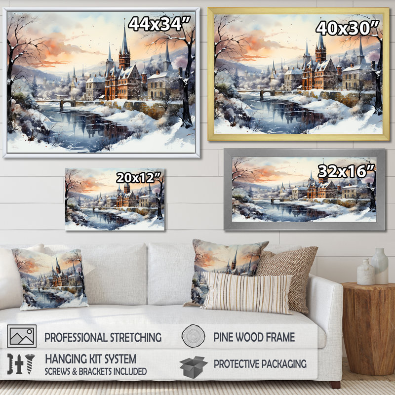 «Wonderful Castle Winter At Christmas - Winter Landscape», art mural, Cadre flottant brun, H 24 po x l 32 po x P 1 po