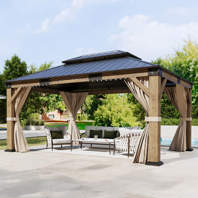 Classic 12 FTx 14 FT Solid Wood Storage Gazebo With Double Iron Roof, Netting & Curtains